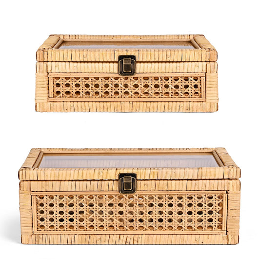Tan Decorative Box Set with Lid, Rectangular Woven