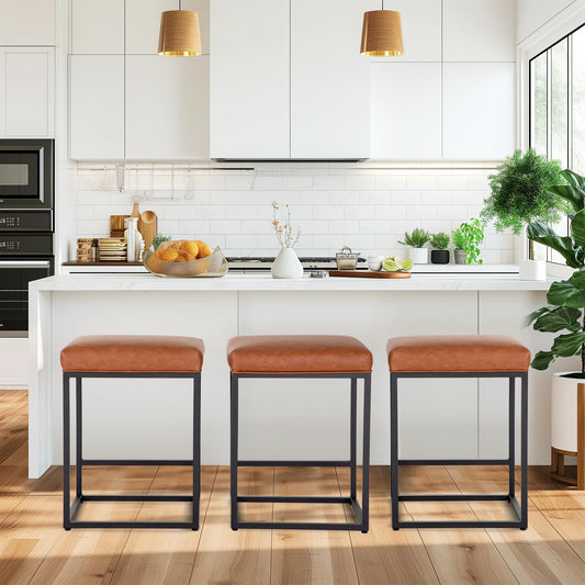 Rust Brown 24" Counter Height Backless Bar Stools Set of 3 , Faux Leather