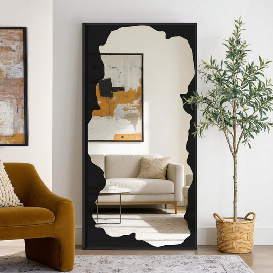 Black Full-Length Mirror, Free Standing Leaning Mirror with Artistic Abstract Overlay