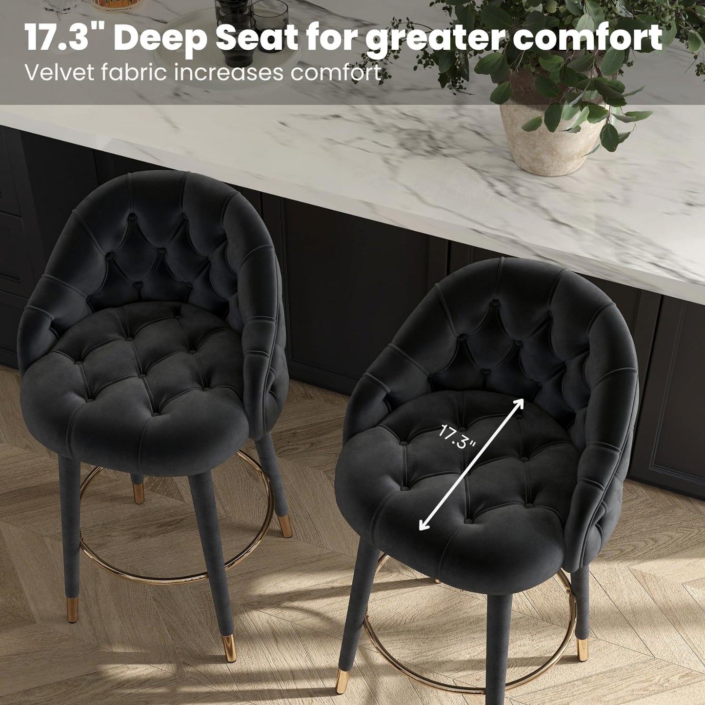 Black Velvet 26" Counter Height Tufted Bar Stools with Wood Legs, Set of 2