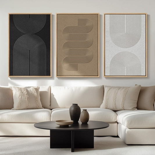 Large Framed Black and White Neutral, Abstract Wall Art for Living Room, 3 Piece Boho Canvas24x36 In