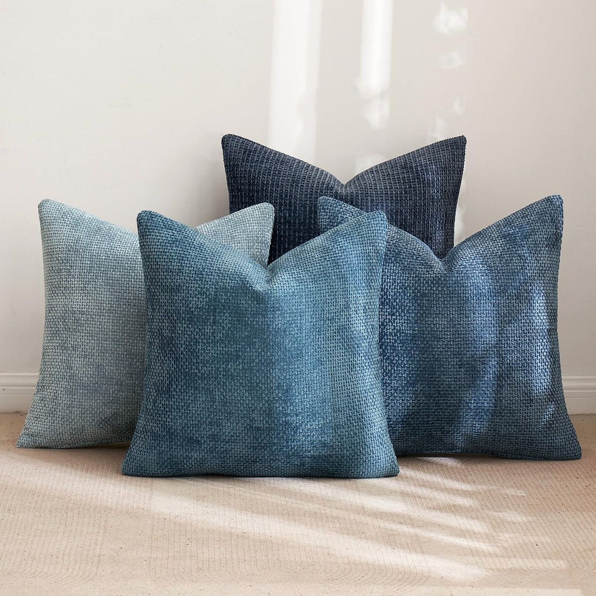 Blue Series, Soft Decorative Chenille Pillow Covers, 20x20 Pack of 4