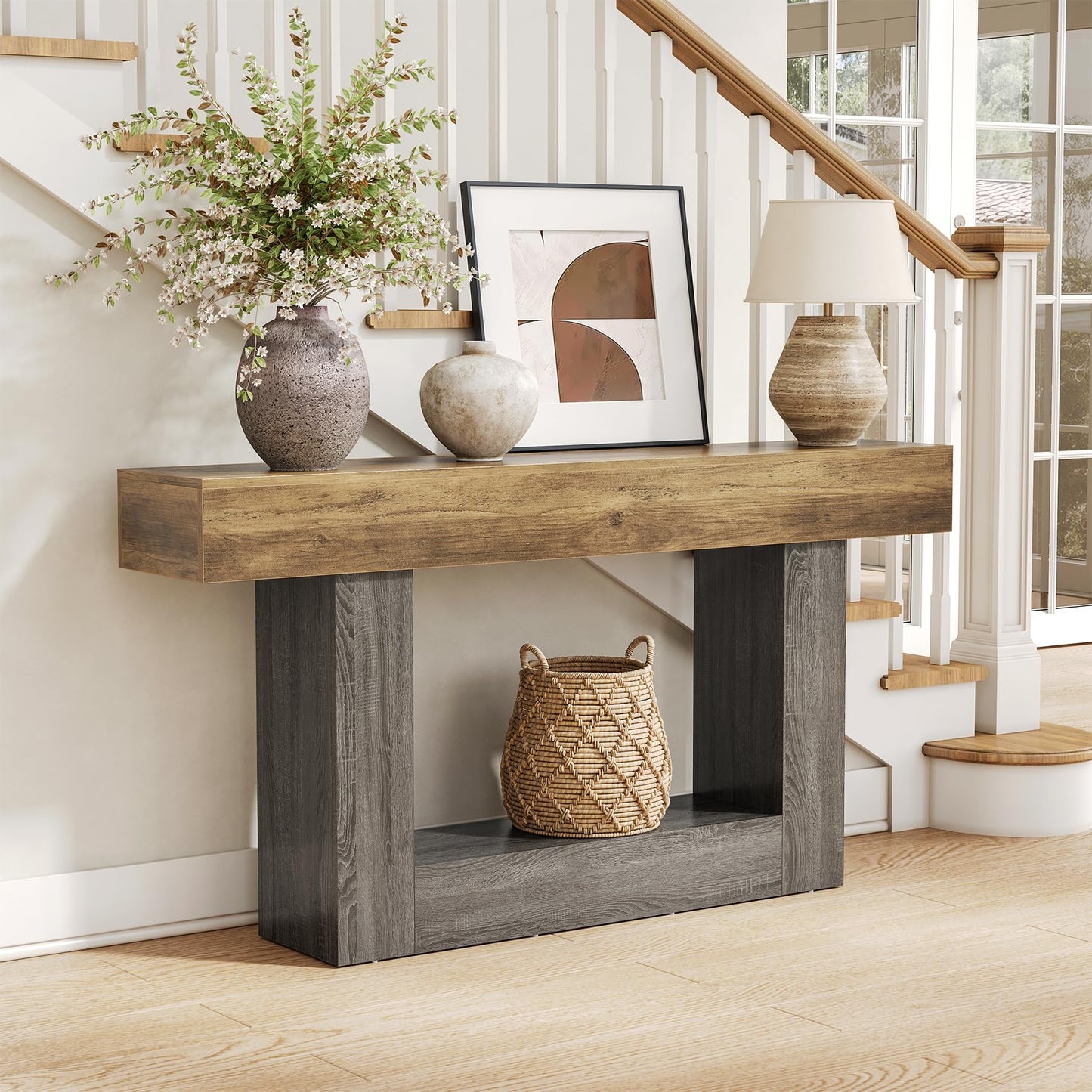 Rustic Brown and Grey, Long 2-Tier Console Table
