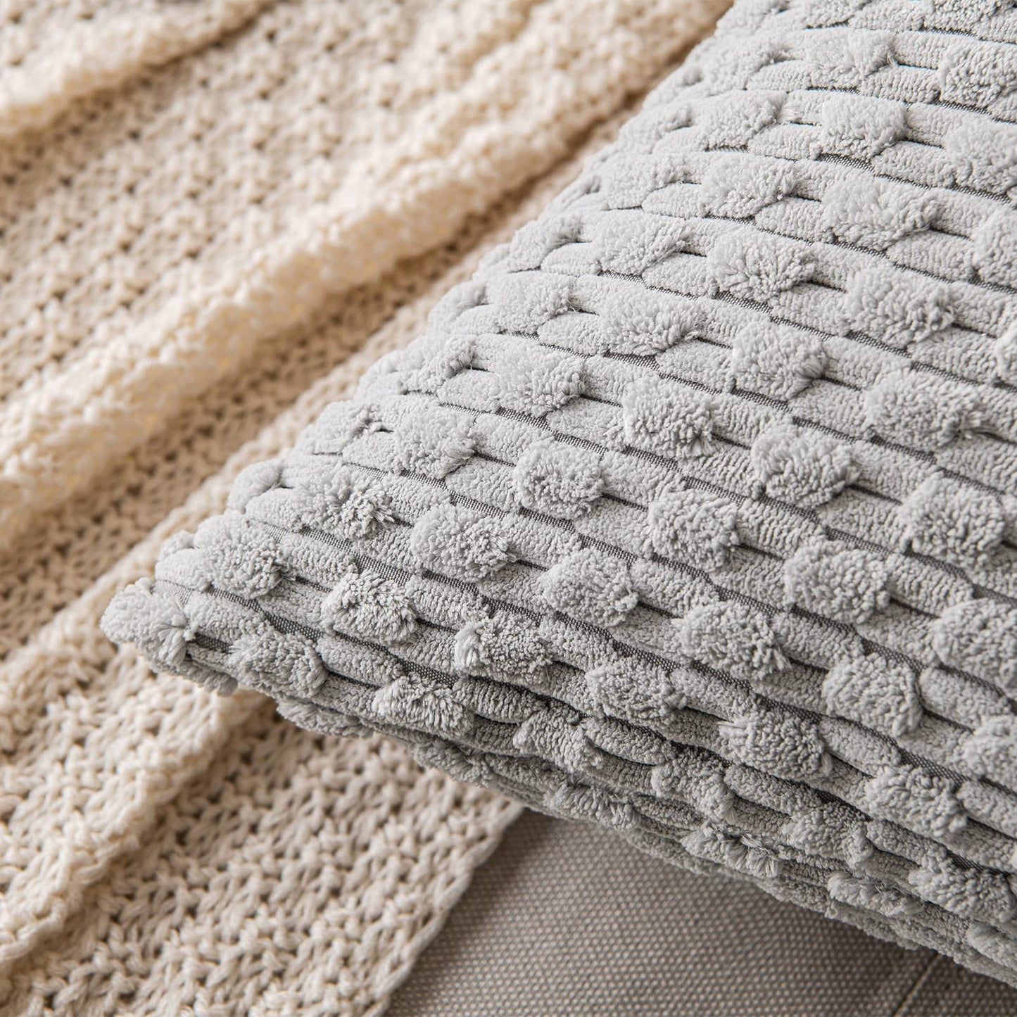 Grey Throw Pillow Covers, Soft Corduroy, Set of 2 - Striped