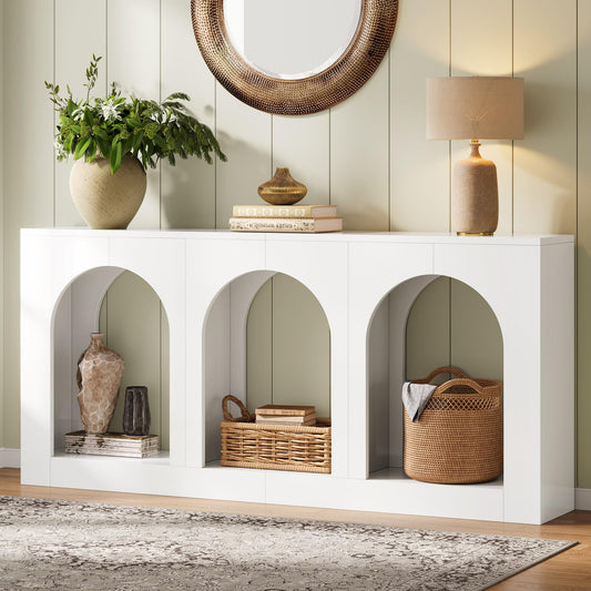 White Console Table with Storage, 70.9" Wood Entryway Table with 3 Arched Shelves