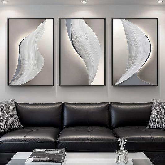 Modern Gray, Black and White Abstract, Framed Canvas Wall Art, Large 3 Piece,  24x36 Inch