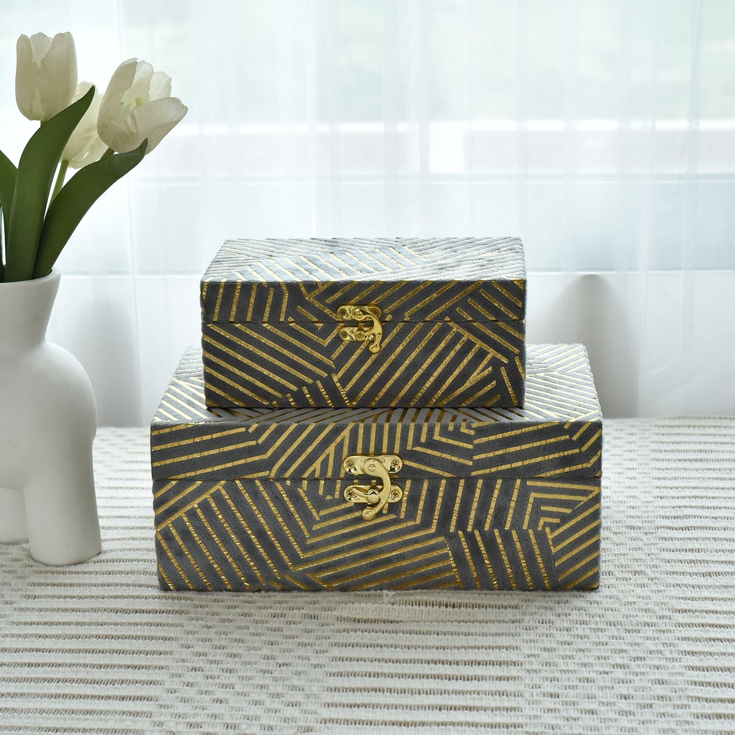 Grey with Gold Stripes Velvet Decorative Boxes