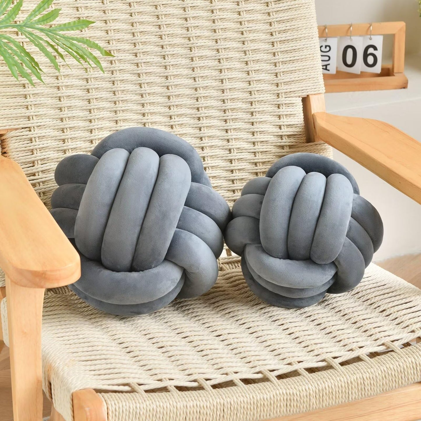 Grey Round Throw Pillow Ball, Velvet Knot