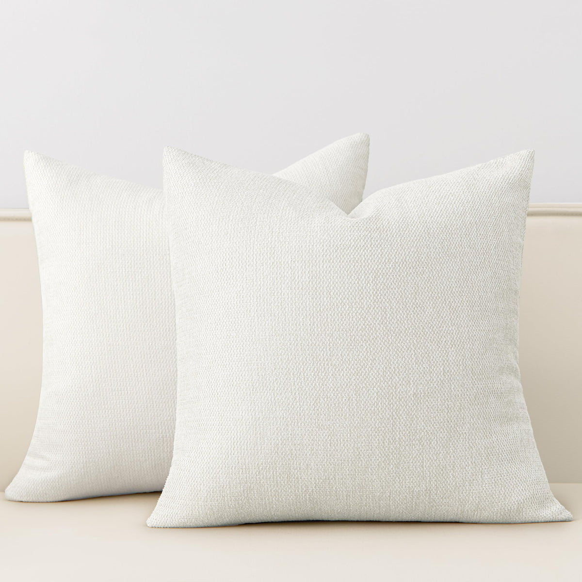 Cream White Textured, Natural Linen Look Throw Pillow Covers. 20x20 inch Set of 2