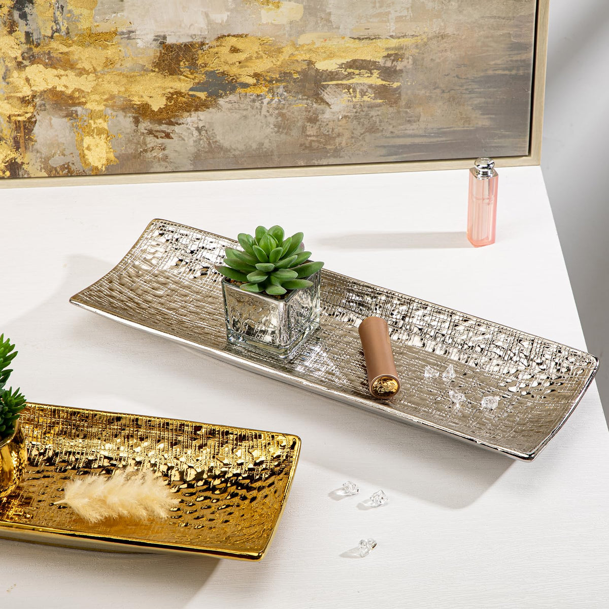 Silver Metal Ceramic 16inch Rectangular Tray