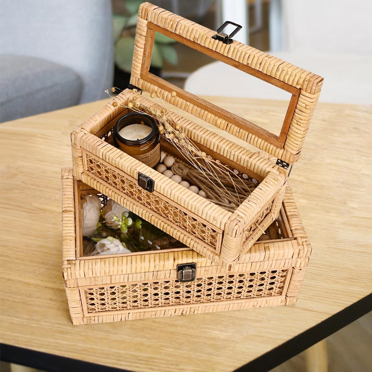 Tan Decorative Box Set with Lid, Rectangular Woven