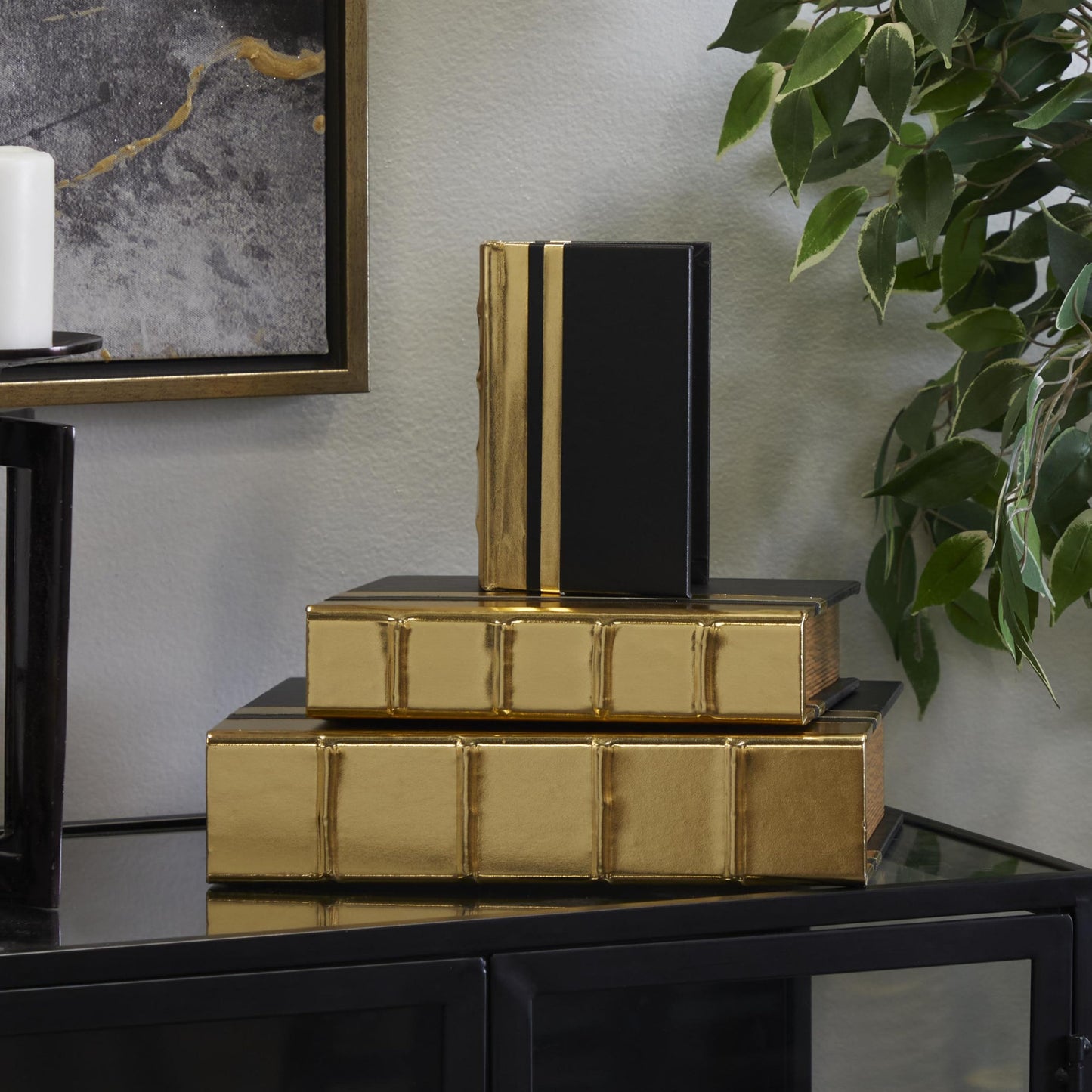 Black and Gold Faux Leather Decorative, Book Shaped Boxes