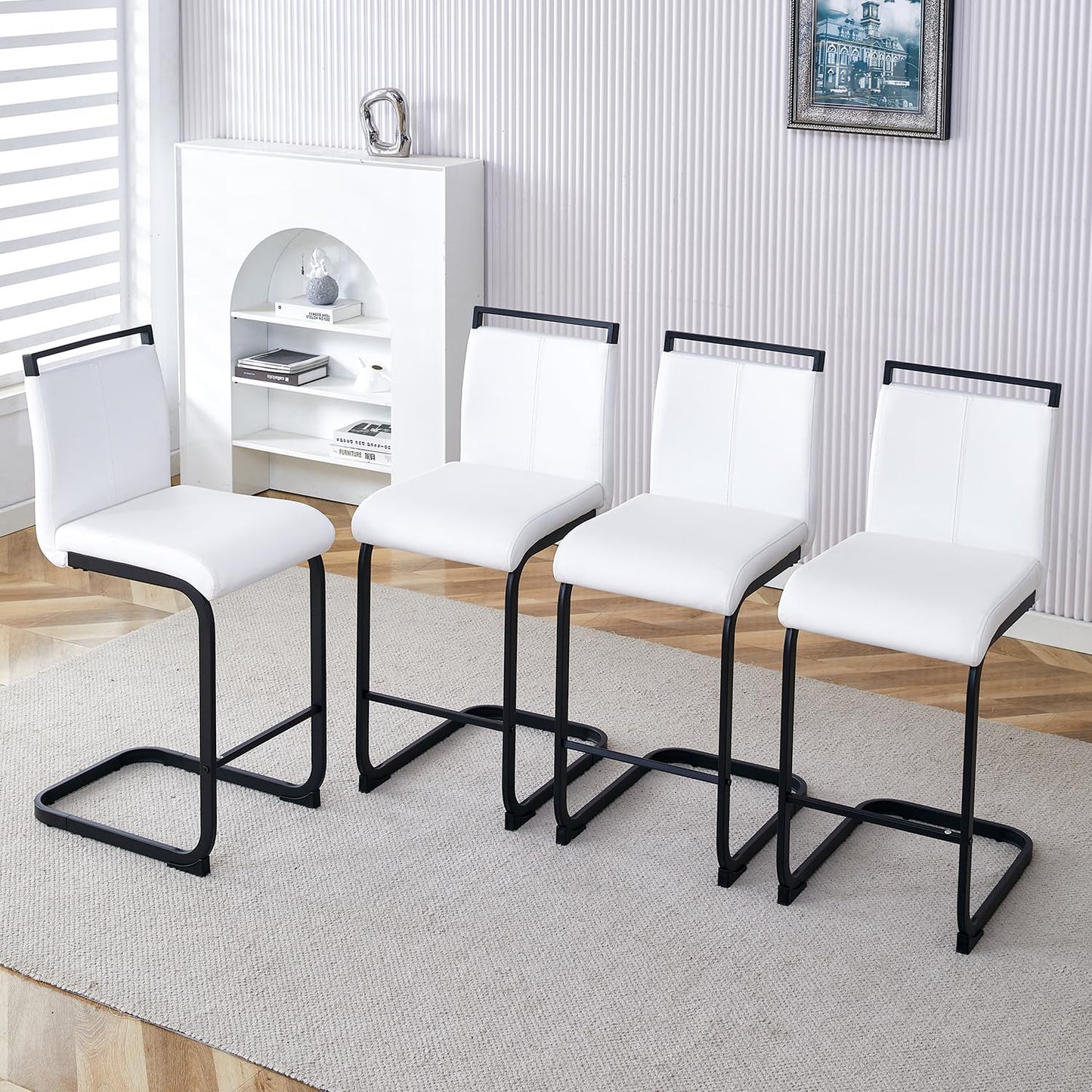 White Bar Stools Set of 4, 25" Counter Height, Faux Leather
