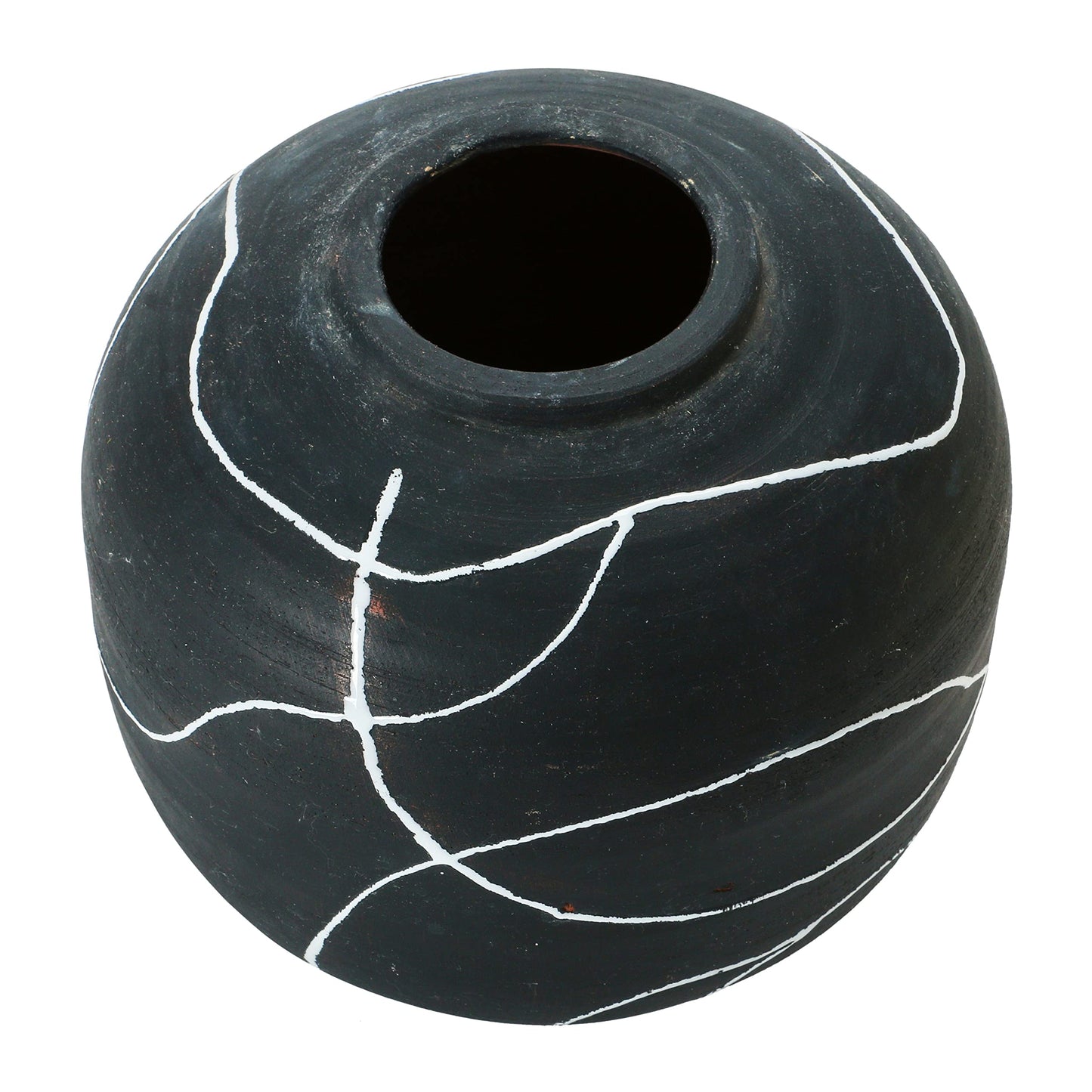 Black and White Round Vase Decor, Terra-Cotta with Hand-Painted Design