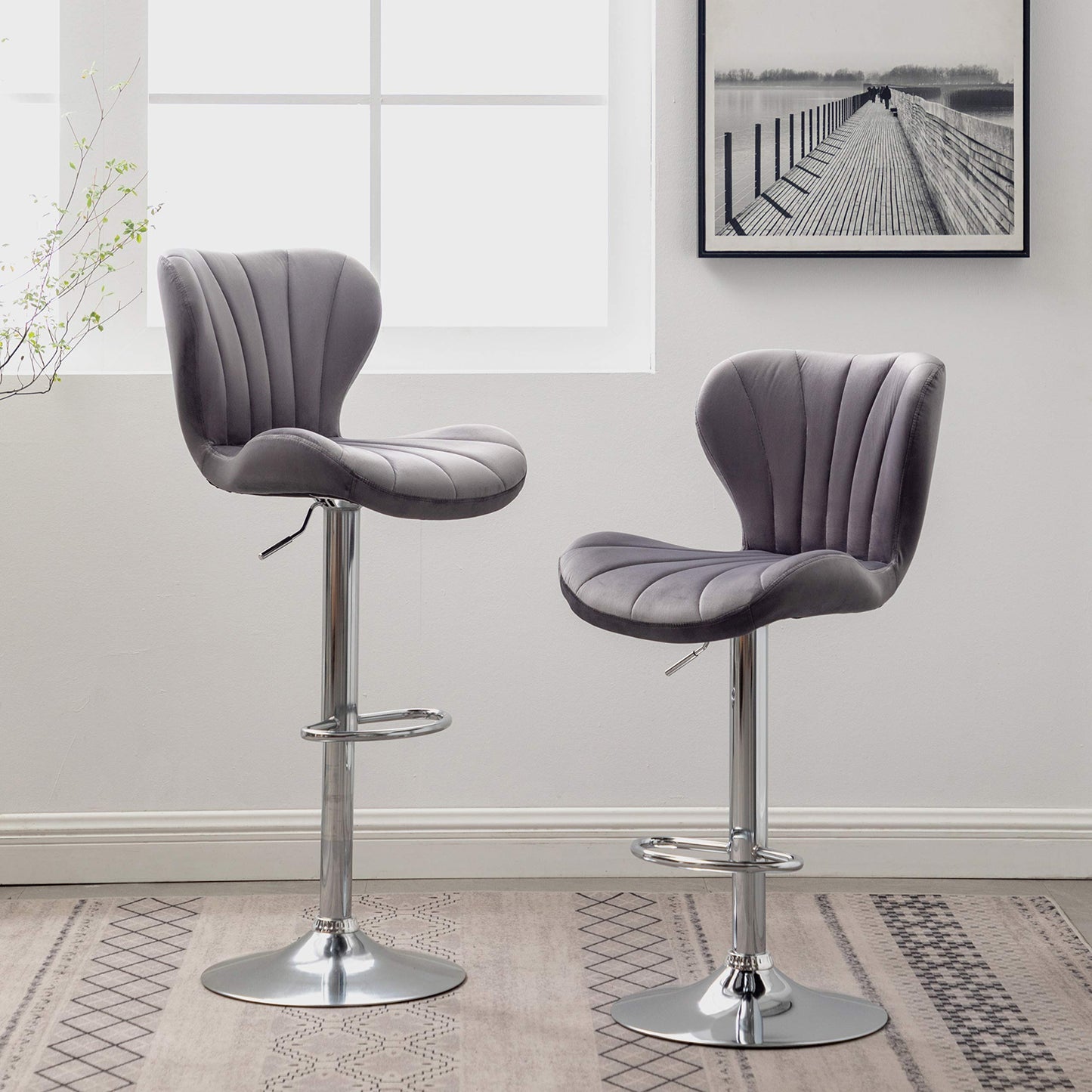 Barstools Set of 2, Adjustable Swivel, Gray Velvet
