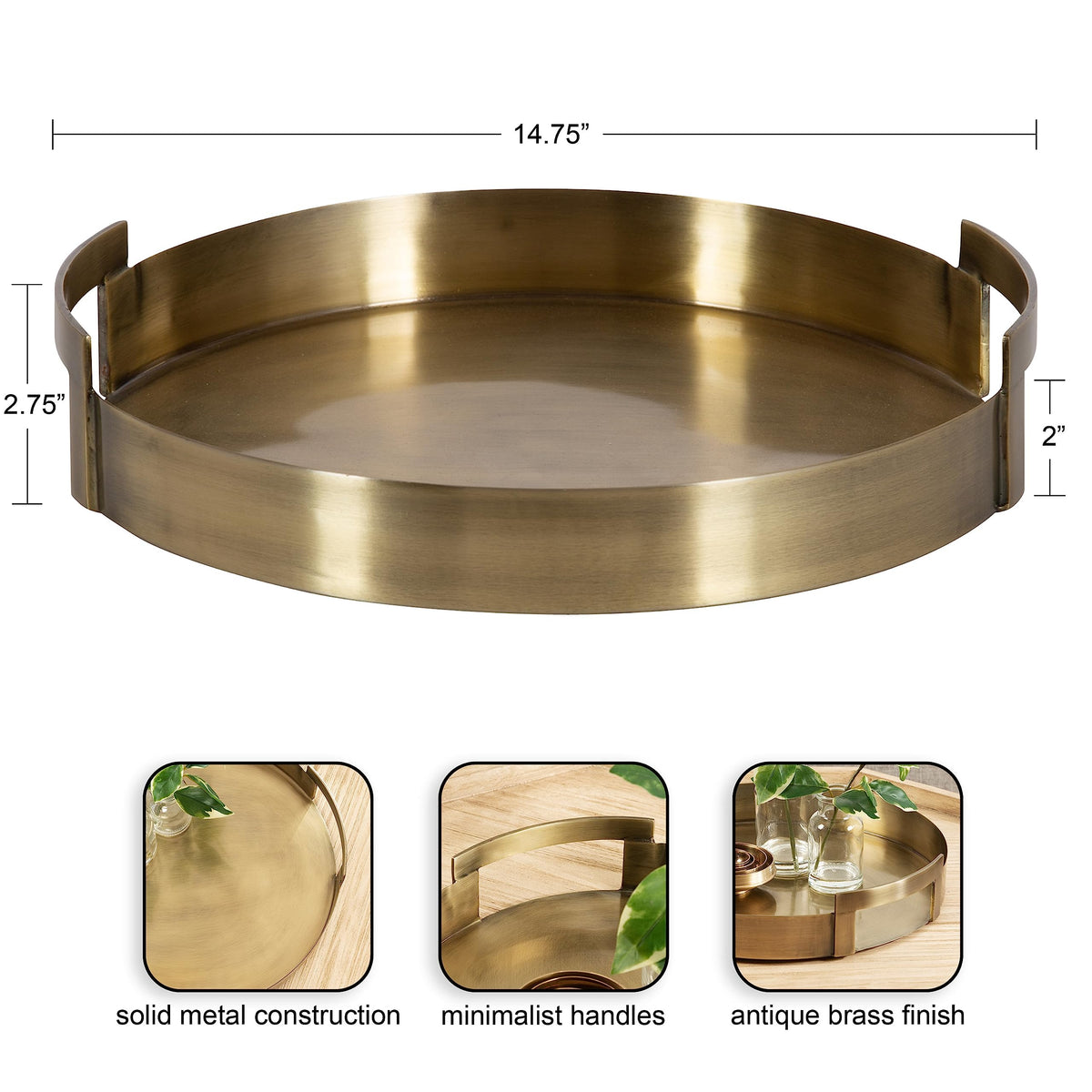 Brass Metal Round Tray, 15 x 15, Modern Glam Circular Decorative Serving Tray with Handles