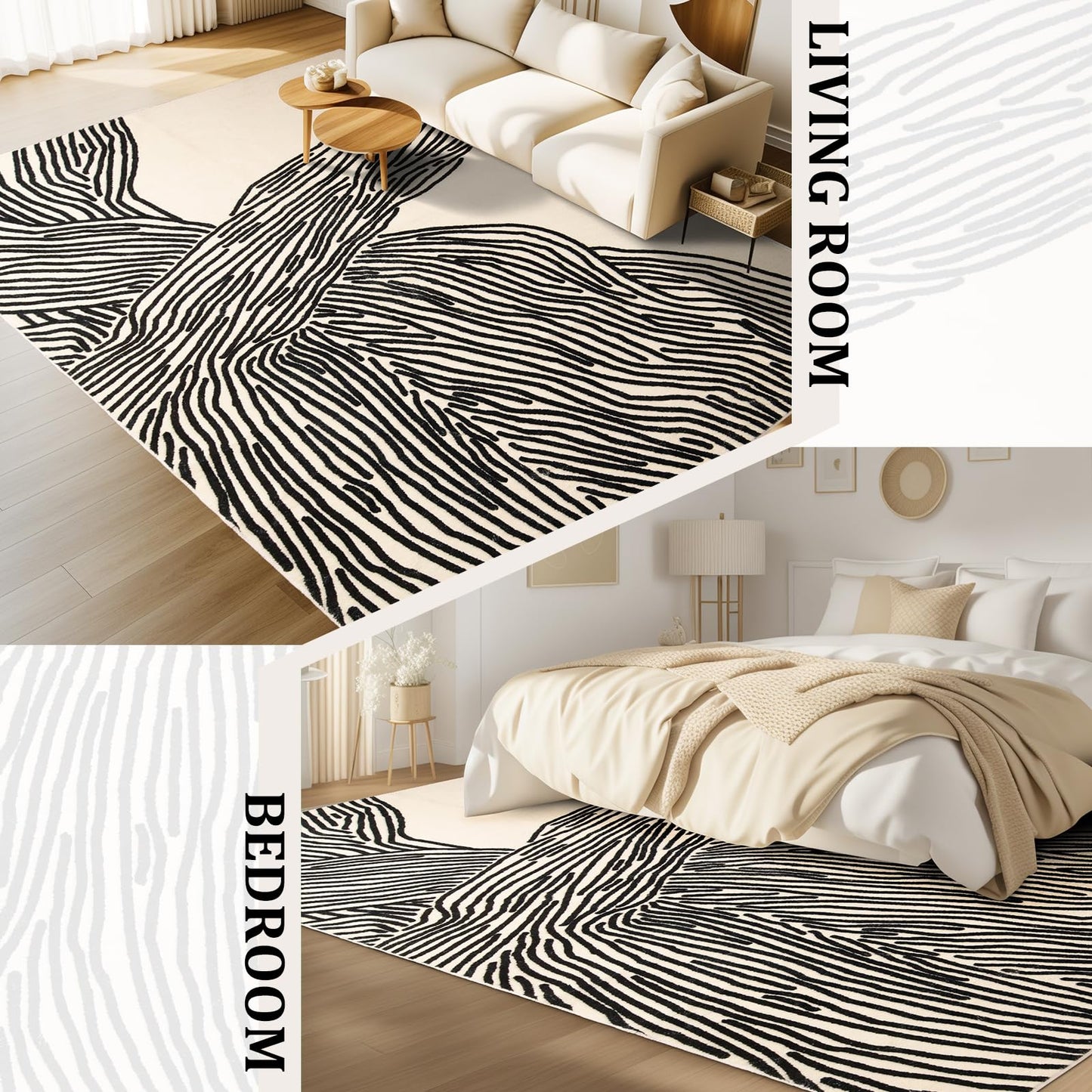 Beige and Black, Modern Lined Design 9x12 Ft Area Rug