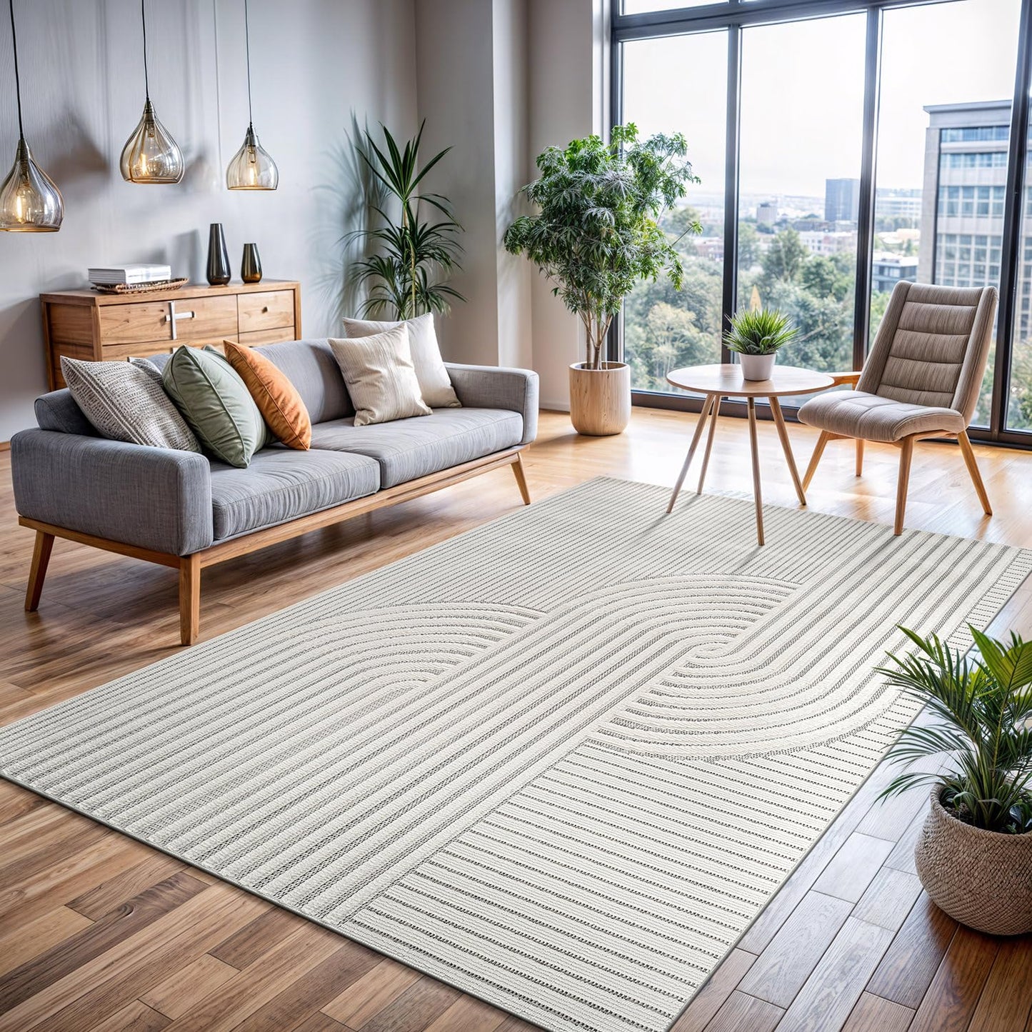 White Curved Design, Modern 10x14 Large Area Rug