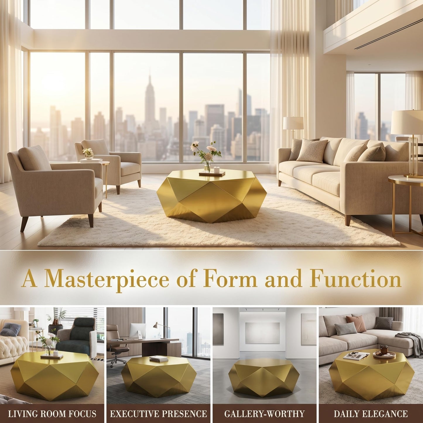 Luxury Gold Drum Coffee Table, Modern Stainless Steel