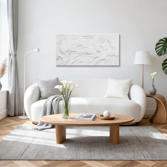 White Abstract Texture Canvas Wall Art, Hand Painted, Large-Size Artwork, 48x24 inch