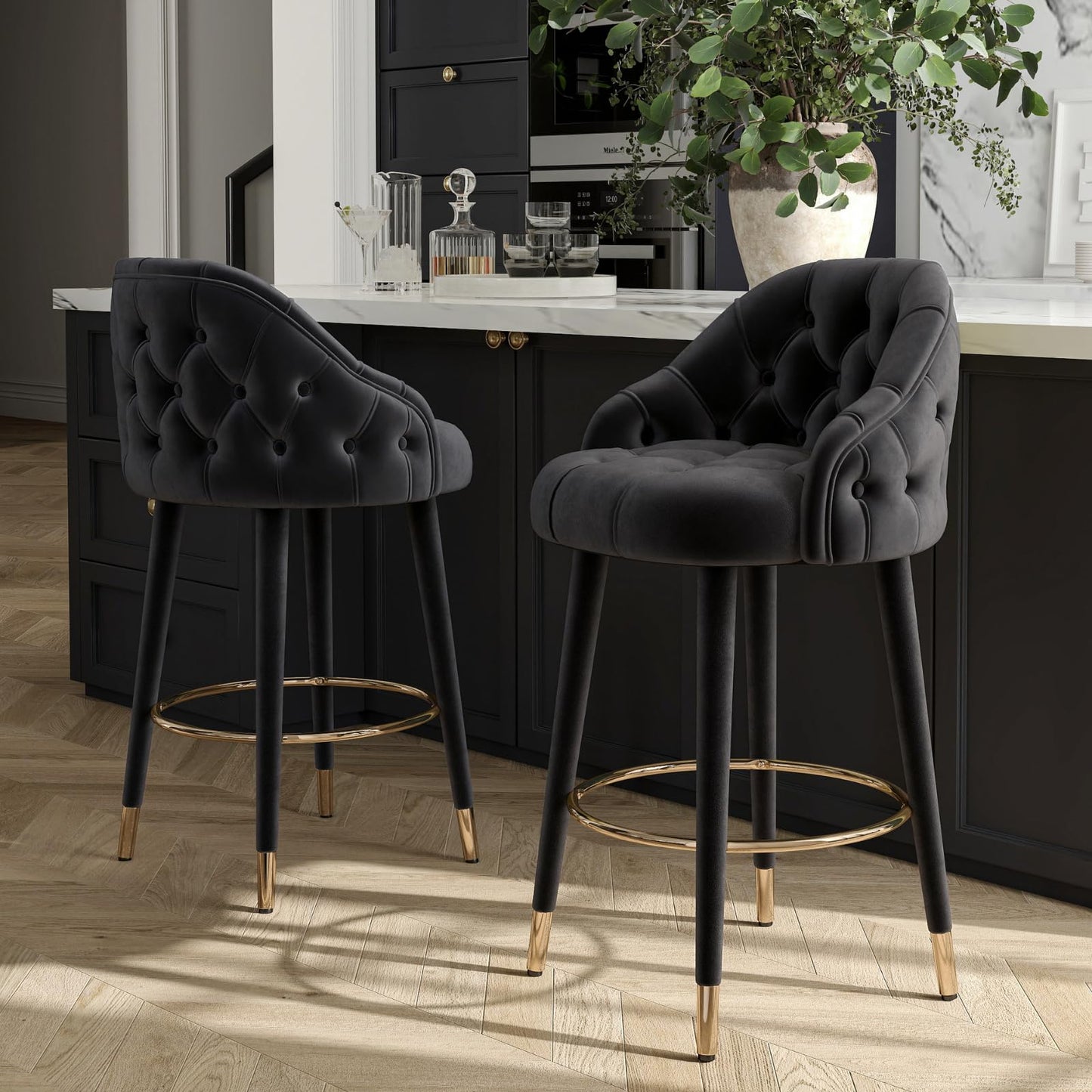 Black Velvet 26" Counter Height Tufted Bar Stools with Wood Legs, Set of 2