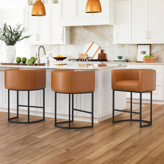 Brown Bar Stools Set of 3, Faux Leather, Barrel 27" Counter Height