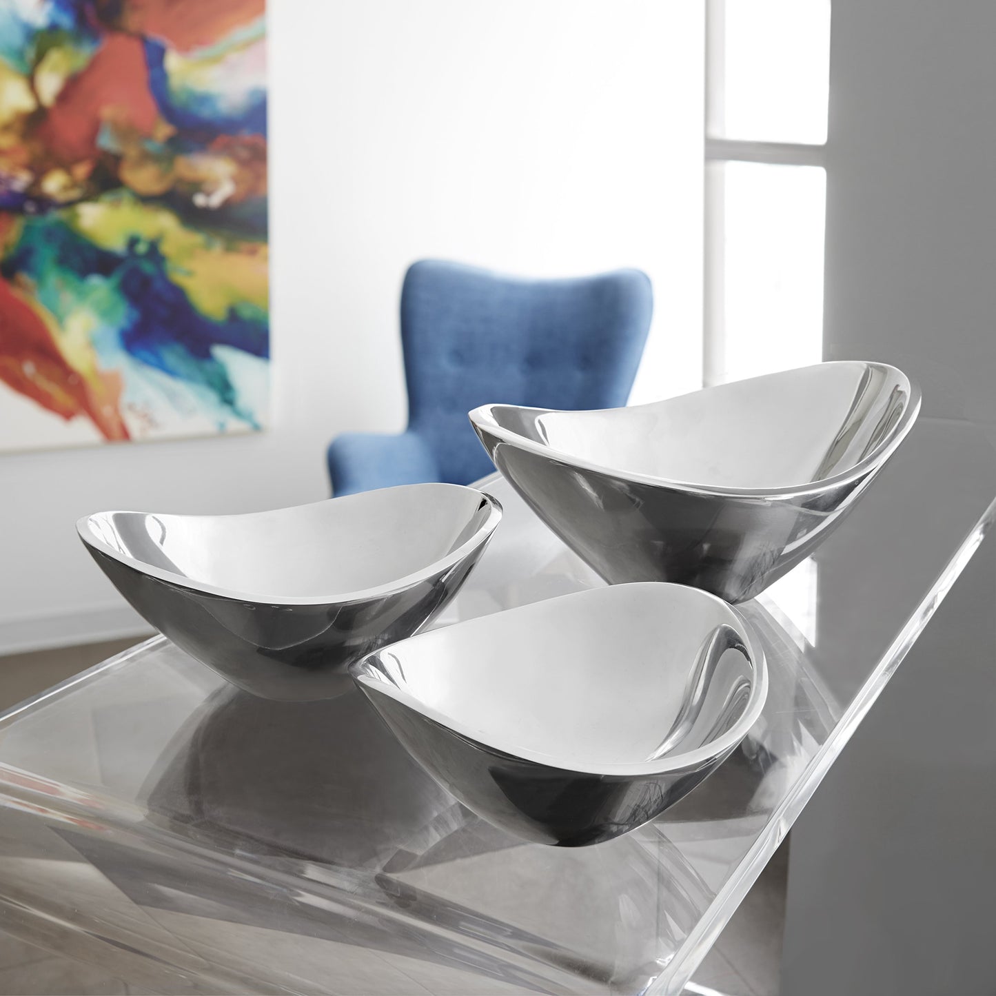 Silver Bowl Modern Accent, Sculptural Alloy