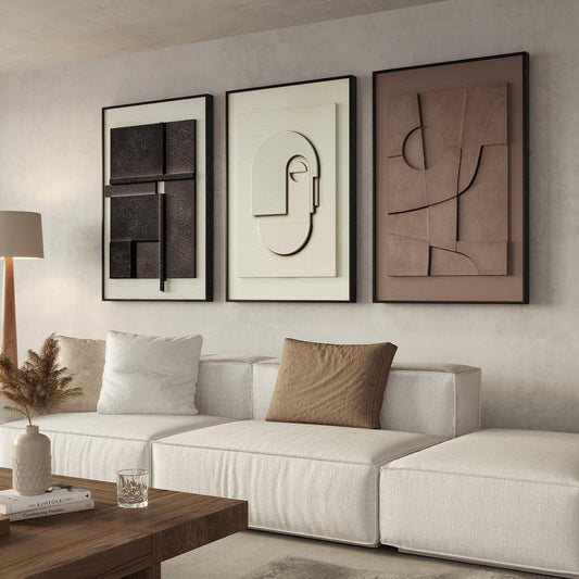 Neutral 3D Textured Framed Abstract Wall 24" x 36" Art, 3 Piece Modern Paintings