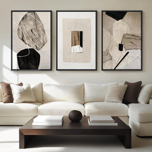 Black and Beige, Large Framed Abstract Wall Art for Living Room, 3 Piece Modern 24x36 Inch, Canvas Paintings Artwork