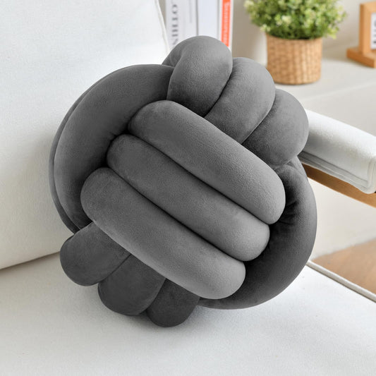 Grey Round Throw Pillow Ball, Velvet Knot