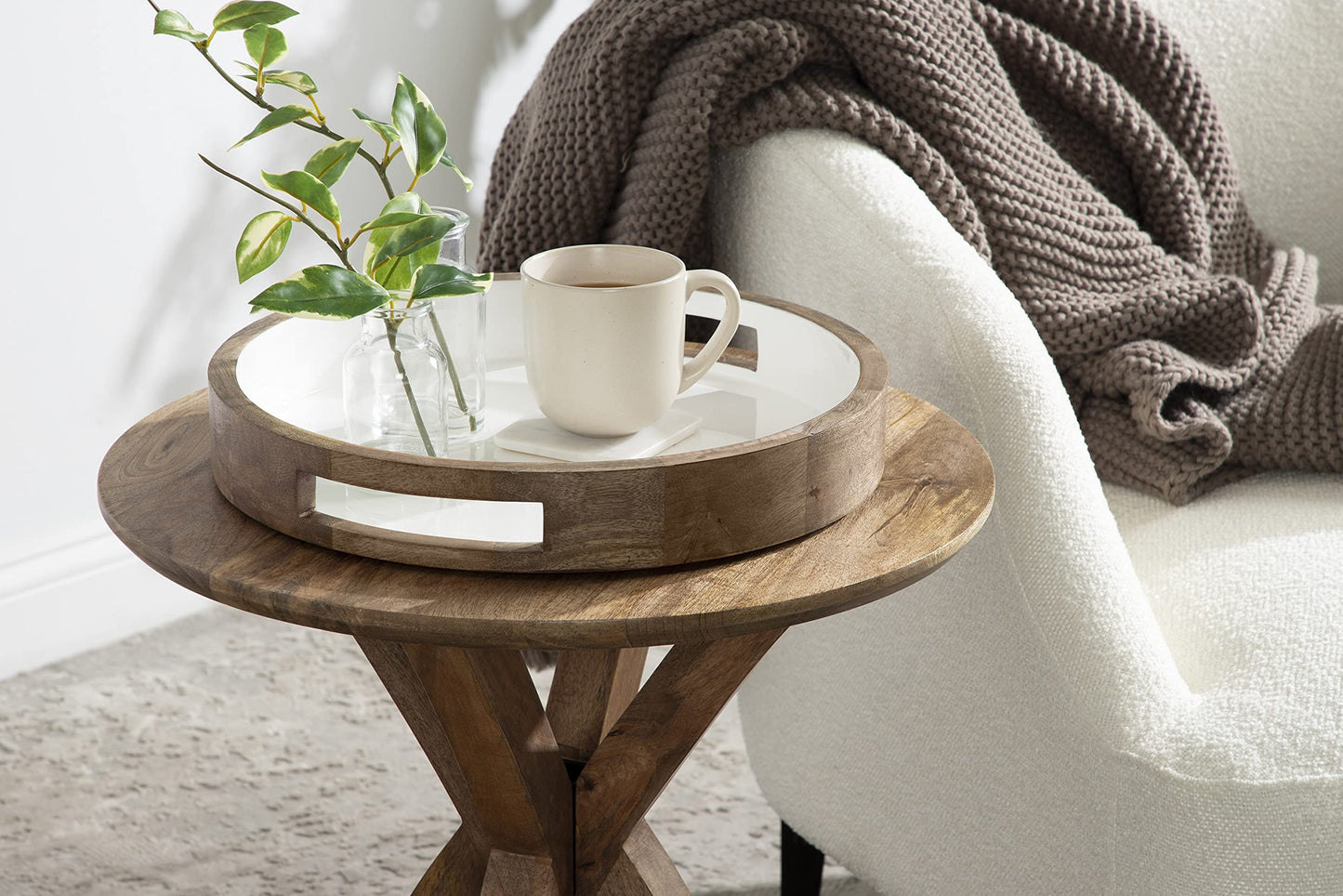 White Round Accent Tray, Two-Tone Natural Wood