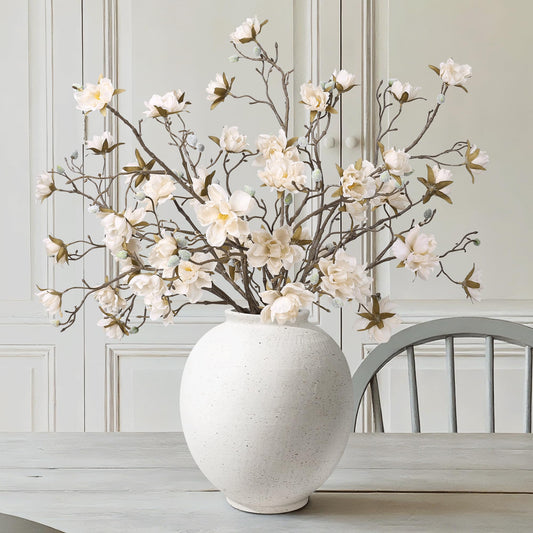 Large White Ceramic Vase, 9.8-inch Rustic Flowers Vase Decor, Sandstone Texture Round Pot