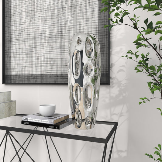 Silver Ceramic Vase, Decorative 7" x 7" x 21", Centerpiece