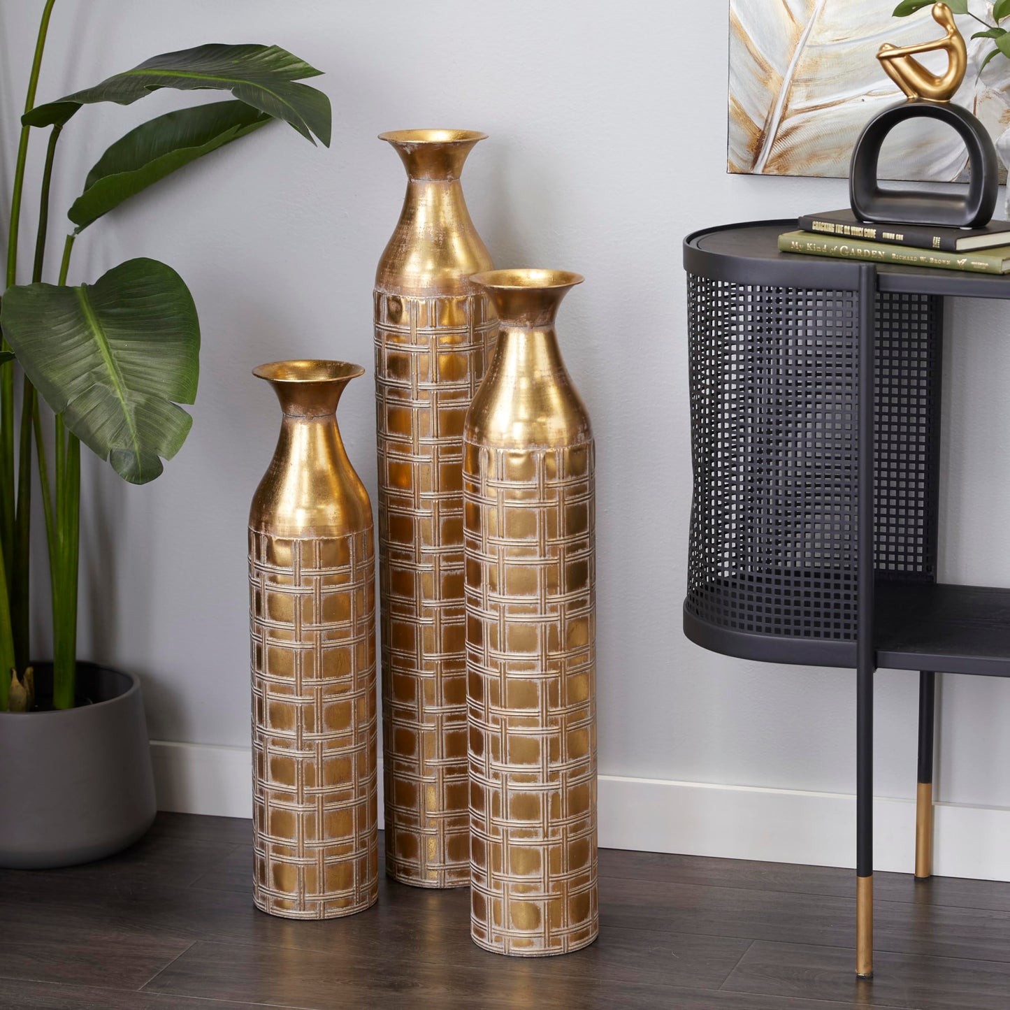 Gold Vase Tall Distressed Metallic Set