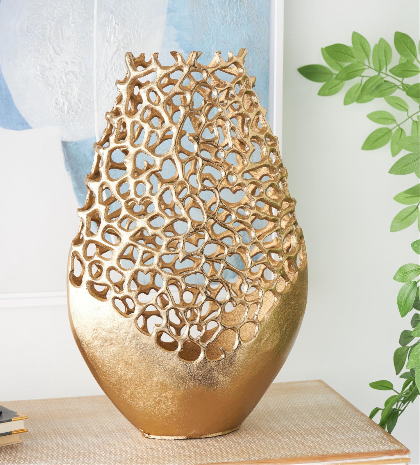 Gold Rounded Centerpiece Vase, Unique Open Lattice