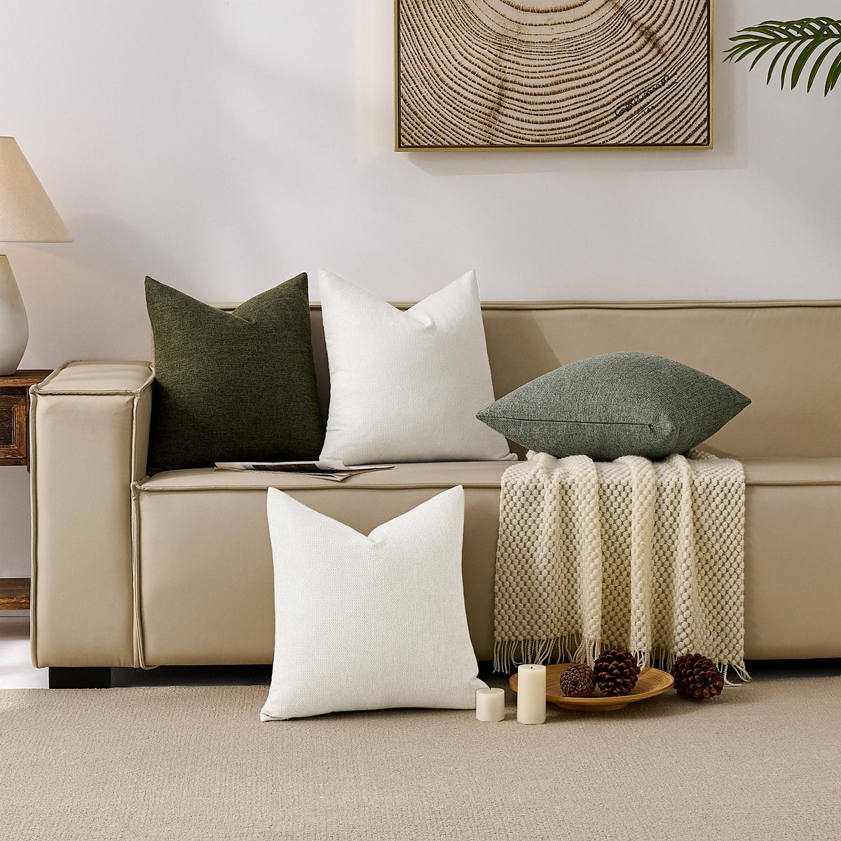 Cream White Textured, Natural Linen Look Throw Pillow Covers. 20x20 inch Set of 2