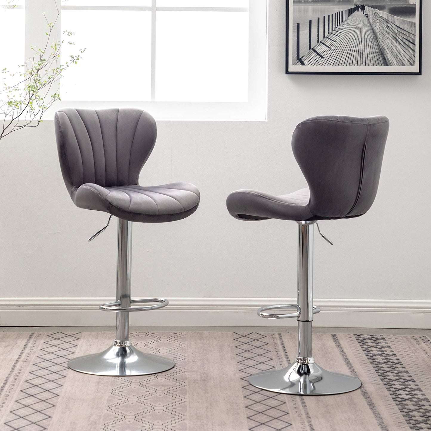Barstools Set of 2, Adjustable Swivel, Gray Velvet