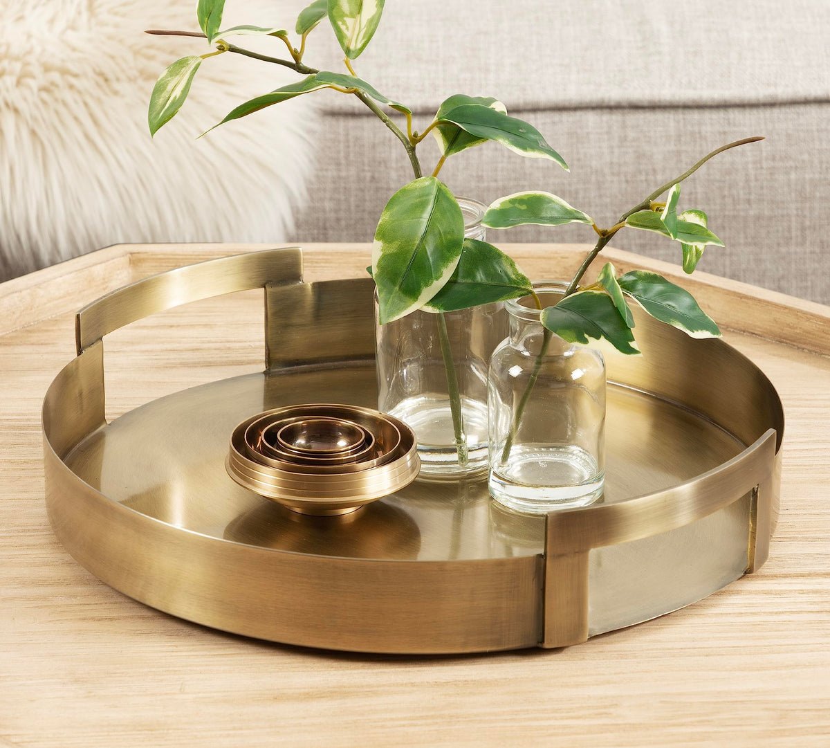 Brass Metal Round Tray, 15 x 15, Modern Glam Circular Decorative Serving Tray with Handles