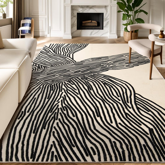 Beige and Black, Modern Lined Design 9x12 Ft Area Rug